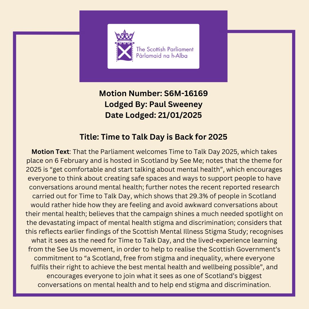 Today is #TimeToTalkDay 

This year's theme is "get comfortable and start talking about mental health". 

I submitted a motion in support of <a href="/seemescotland/">See Me</a>'s efforts which has received cross-party backing in the <a href="/ScotParl/">Scottish Parliament</a>