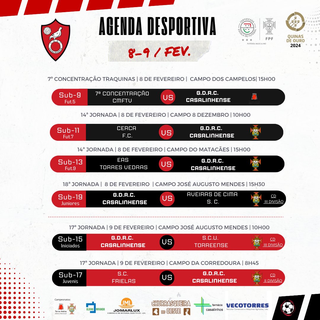 ❤️🖤 Agenda Semanal de Futebol Formação-G.D.R.C. Casalinhense 🥅⚽
Preparem-se para o fim de semana de 8 e 9 de Fevereiro, cheio de emoção! Aqui estão os jogos do nosso Casalinhense.
Venham apoiar a nossa equipa ! 💪
#soucasalinhense #unidoslutamosparavencer #formacaocasalinhense
