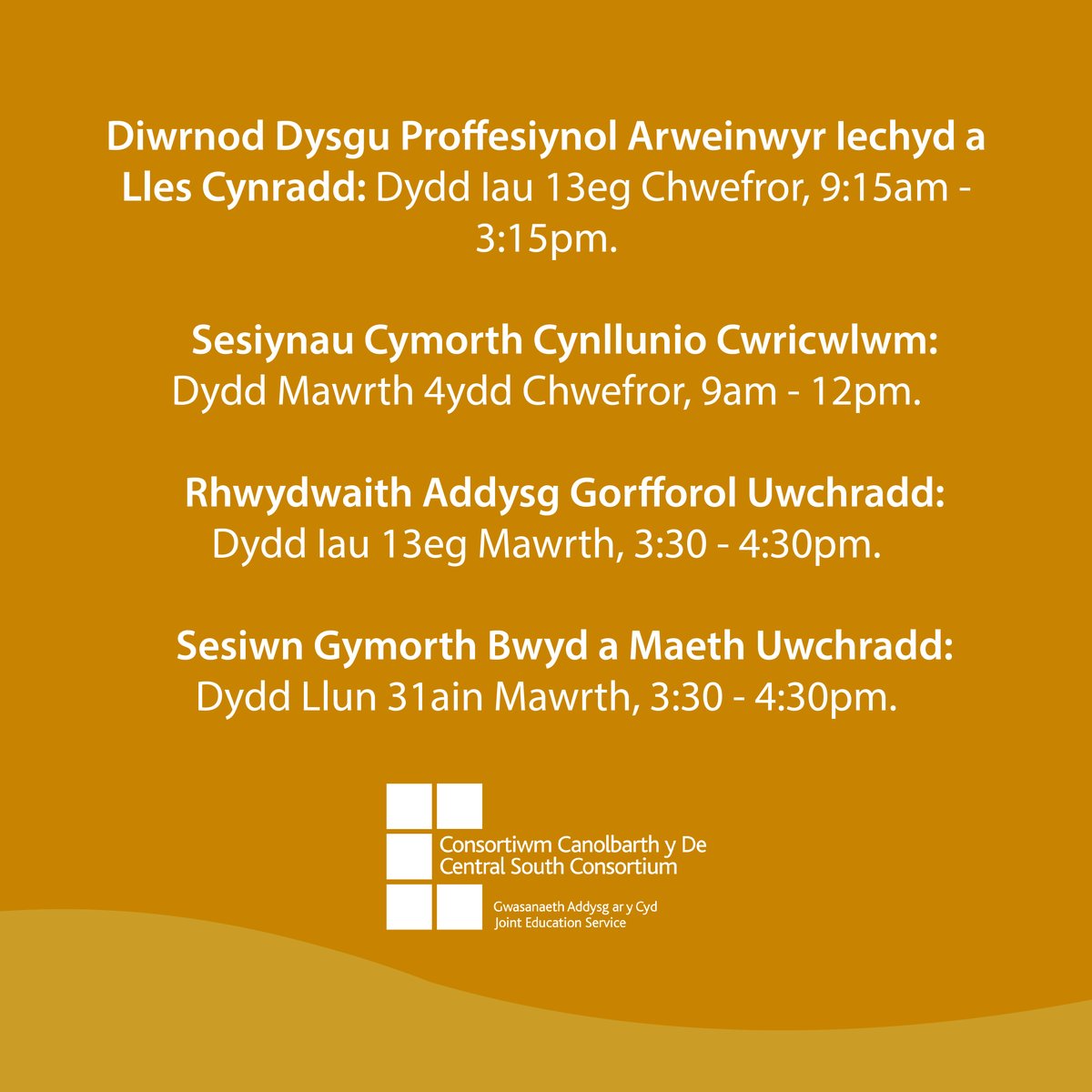 Central South Consortium (@cscjes) on Twitter photo Edrychwch ar ein digwyddiadau dysgu proffesiynol sydd i ddod sy'n canolbwyntio ar Iechyd a Lles.
Defnyddiwch y ddolen isod i ddarganfod mwy a sicrhau eich lle heddiw: ow.ly/ijJo50UMt3x
<a href="/csc_wellbeing/">CSC Wellbeing, Equity and Excellence</a> Edrychwch ar ein digwyddiadau dysgu proffesiynol sydd i ddod sy'n canolbwyntio ar Iechyd a Lles.
Defnyddiwch y ddolen isod i ddarganfod mwy a sicrhau eich lle heddiw: ow.ly/ijJo50UMt3x
<a href="/csc_wellbeing/">CSC Wellbeing, Equity and Excellence</a>