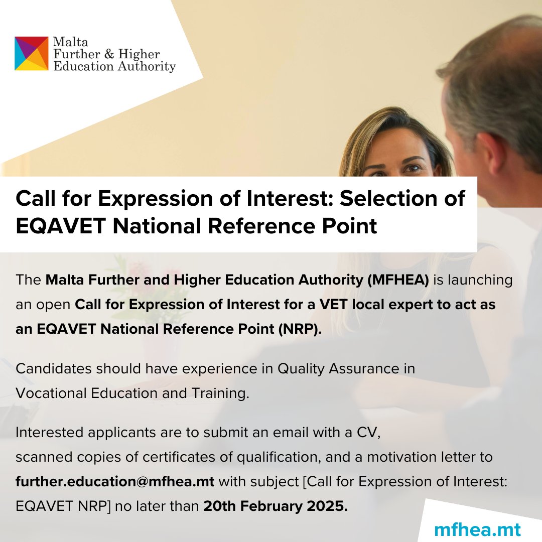 The MFHEA invites applications for VET Local Expert to serve as the EQAVET National Reference Point. Seeking candidates experienced in Quality Assurance in Vocational Education &amp; Training.

Deadline: 20.02.2025

Read More:

mfhea.mt/call-for-expre…