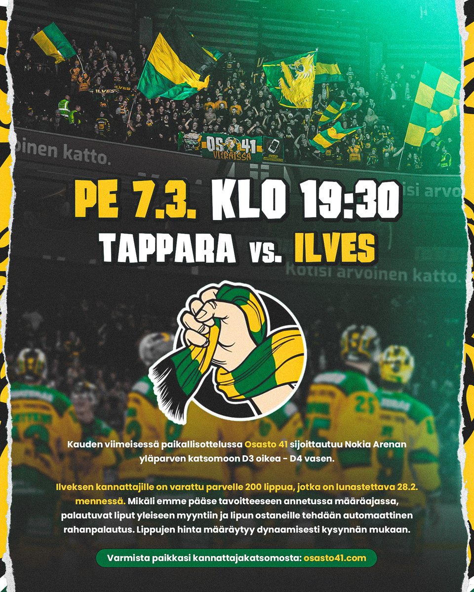 ilveshockey's tweet photo. Kauden viimeinen paikallisottelu pelataan Tapparan isännöimänä pe 7.3. — Ilveksen kannattajille on varattu parvelle 200 lippua, jotka on lunastettava 28.2. mennessä!

🙌 Varaa paikkasi nyt ja nähdään kannattajakatsomossa!

➡️ Varaukset: https://t.co/ms4BaVlJKR

#Ilves #Liiga #Osasto41