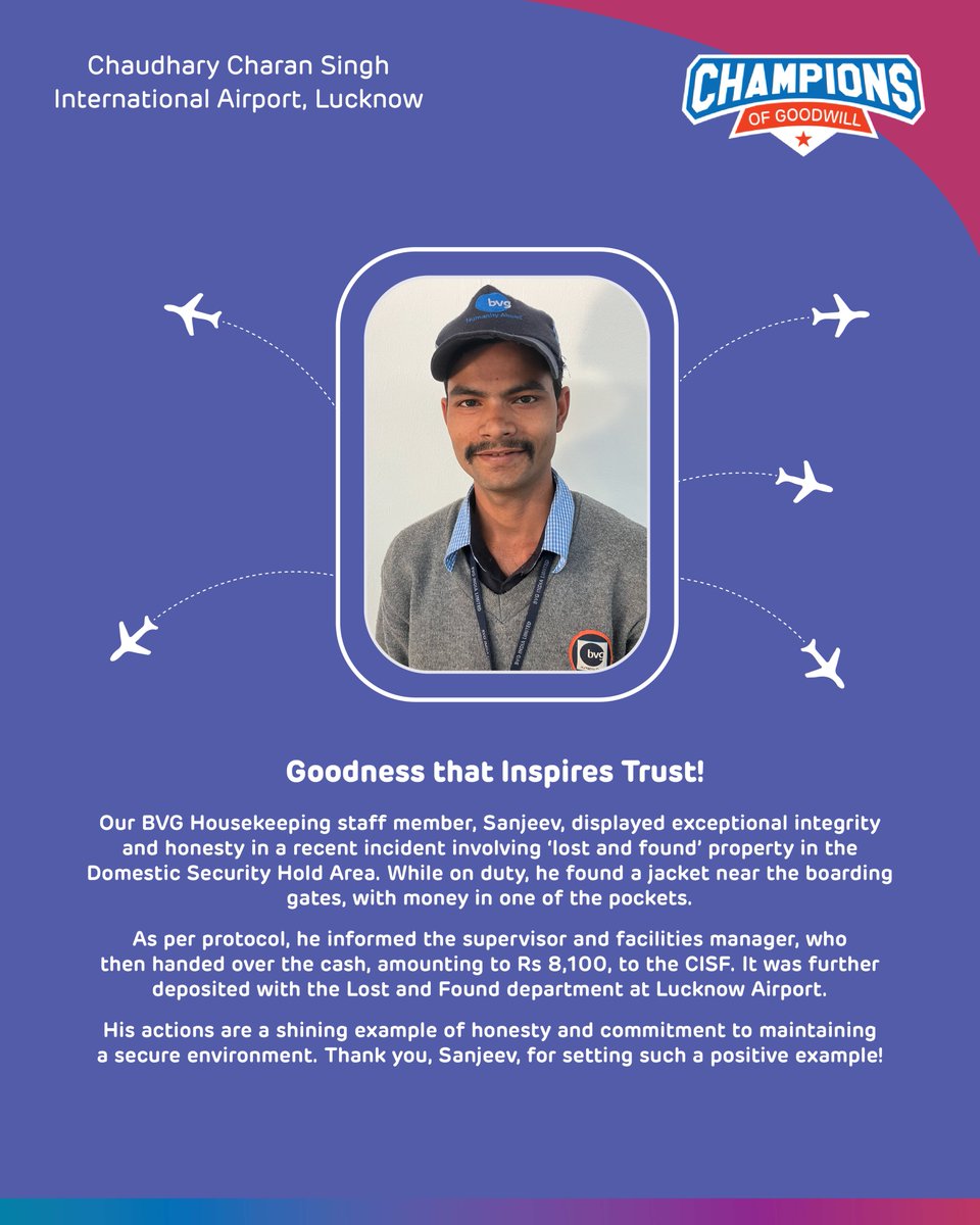 lkoairport's tweet photo. #LucknowAirport is proud to share the inspiring story of Sanjeev and his act of goodness. His honesty and commitment to security are truly appreciated!
#CCSIA #ChampionsOfGoodwill #Lucknow #Airport #Aviation #HonestyInAction #AviationGoodness https://t.co/DiUfqUwwCL