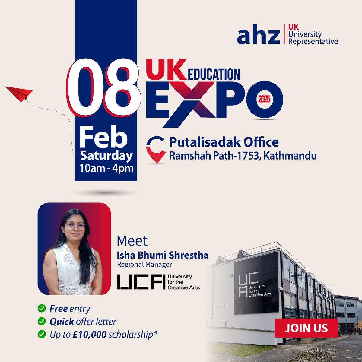 AhzNepal's tweet image. Want to study in the UK?  Then you NEED to be at the AHZ Putalisadak Office on February 8th!

Isha Bhumi Shrestha, Regional Manager for Nepal at the University for the Creative Arts (UCA), will be there to chat about your study options.

#UCA #CreativeUniversity #UKExpo