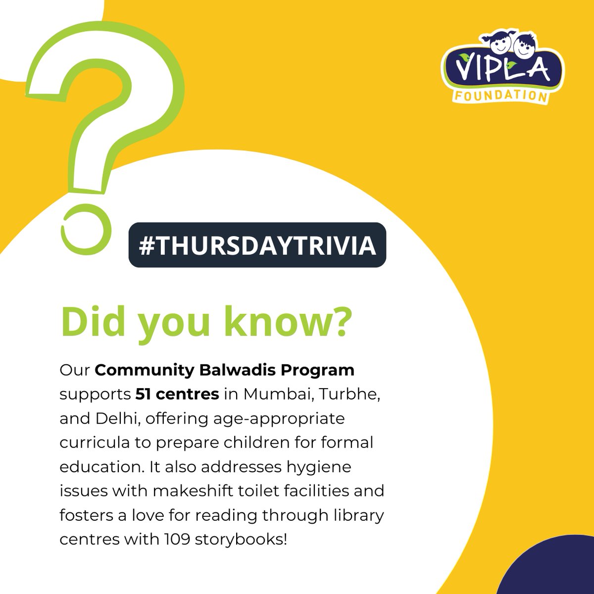 Viplafoundation's tweet image. #ThursdayTrivia 🌟

87% of children in our Community Balwadis were school-ready in 2023-24, with 1,712 kids enrolled across 51 centres. Together, we’re building stronger foundations for a better future!

#LearningIsLiving #QualityEducation #ViplaFoundation #EducationForAll