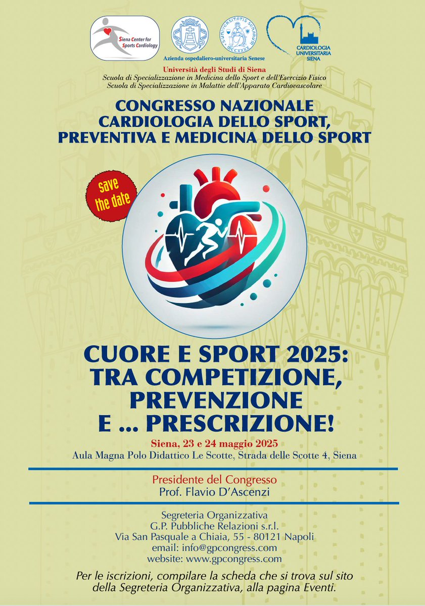 Ci siamo!
Congresso di Cardiologia dello Sport, Preventiva e Medicina dello Sport 23 e 24 Maggio 2025, #siena, Aula Magna Polo Didattico Le Scotte.
Nelle prossime settimane pubblicheremo il programma completo dell'evento.
Scheda iscrizione disponibile su gpcongress.com.