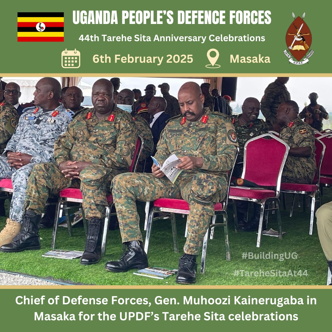 ShanLoveN's tweet photo. President Museveni, the First Lady, and the CDF, Gen. Muhoozi Kainerugaba are officiating at the 44th  UPDF Tarehe Sita celebrations going on in Kyotera district. #TareheSitaAt44 https://t.co/LMe1JhIOEp