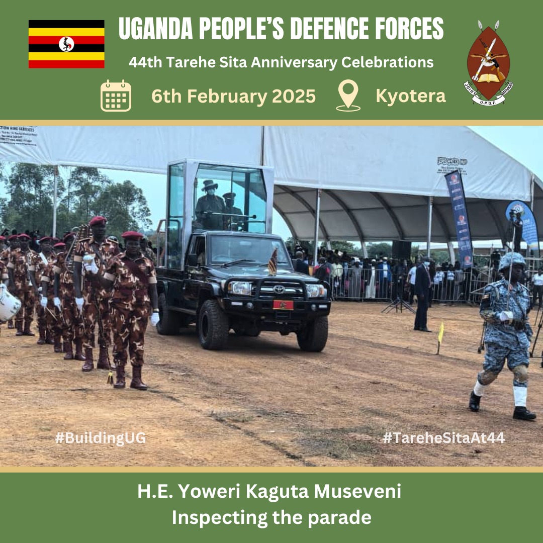 ShanLoveN's tweet photo. President Museveni, the First Lady, and the CDF, Gen. Muhoozi Kainerugaba are officiating at the 44th  UPDF Tarehe Sita celebrations going on in Kyotera district. #TareheSitaAt44 https://t.co/LMe1JhIOEp