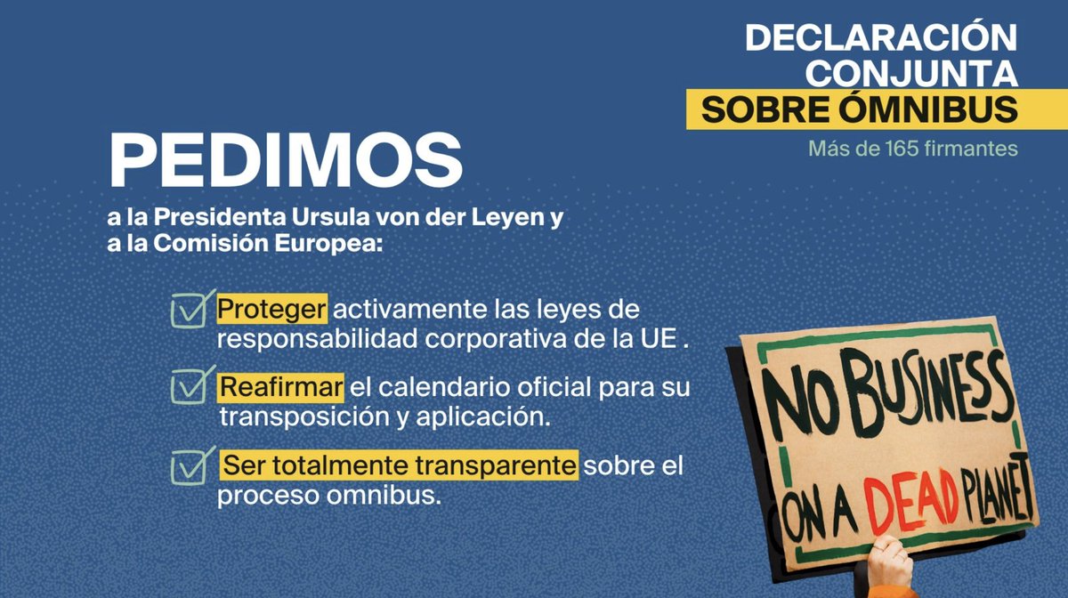 AxSolidaridad's tweet image. ¡Ni un paso atrás! @EUCssrMcGrath dejó claro su compromiso con la rápida implementación de la #CSDDD. Ahora, la presidenta @vonderleyen  corre el riesgo de romper esa promesa.

✊ Más de 165 organizaciones y sindicatos decimos #NoToOmnibus #YesToCSDDD

🔗 corporatejustice.org/publications/j…