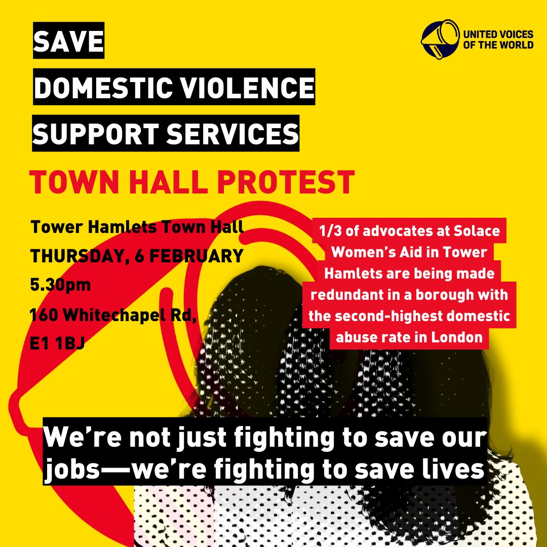 UVWunion's tweet image. ⚡️SUPPORT NEEDED! ⚡️

Join the rally this evening outside Tower Hamlets Town Hall
at 5:30pm! 💥
📌 E1 1BJ
Domestic violence advisors  @SolaceWomensAid  in TH are striking indefinitely after bosses continue with plans to cut their team by a third, risking survivors’ safety.
