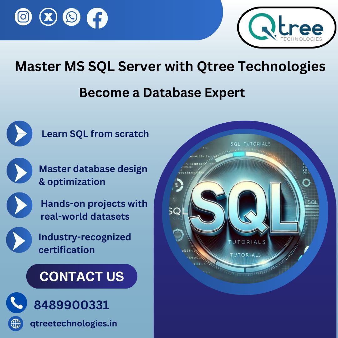 Qtreetech's tweet image. Want to manage and analyze data like a pro?  Qtree Technologies brings you a comprehensive MS SQL Server course to help you master
 database management, queries, and performance tuning 
Call us at 8489900331 or mail to info@qtreetechnologies.com 
#QtreeTechnologies #SQLServer