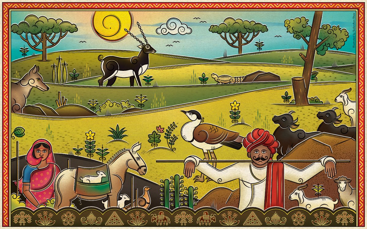 Commissioned by <a href="/atree_org/">ATREE</a> , we created an artwork depicting a typical open natural landscape &amp; its inhabitants in our FolkIndica style along with the ONE map of India, with a hope to overhaul the lifeless image the mention of these ecosystems evoke.

#folkindica #studiokyaari