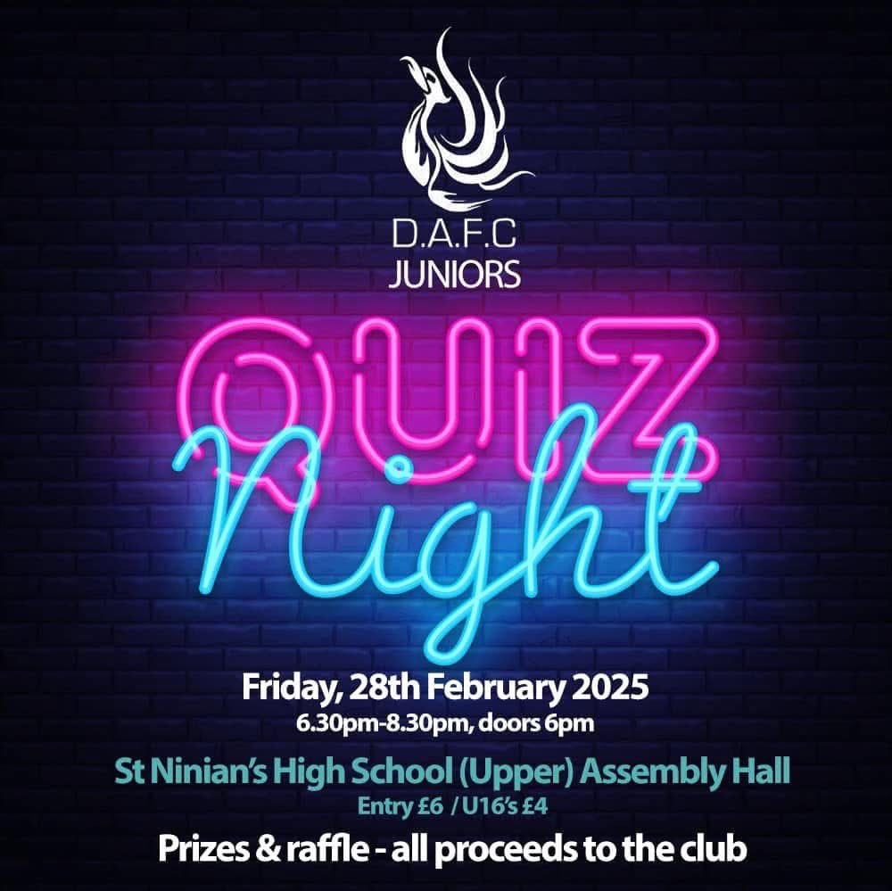 🧠💡DAFC QUIZ NIGHT IS BACK💡🧠

Join us for our Big Quiz Night at St Ninian’s Upper School – a fantastic evening of fun, friendly competition, and great company.

This event is open to everyone – senior &amp; junior players, coaches, family, and friends of the club – please support.