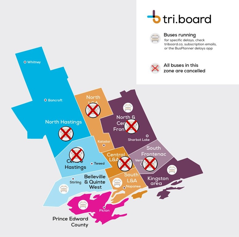 Tri-Board Transportation map showing bus cancellations in the Tri-Board’s central and northern weather zones. 