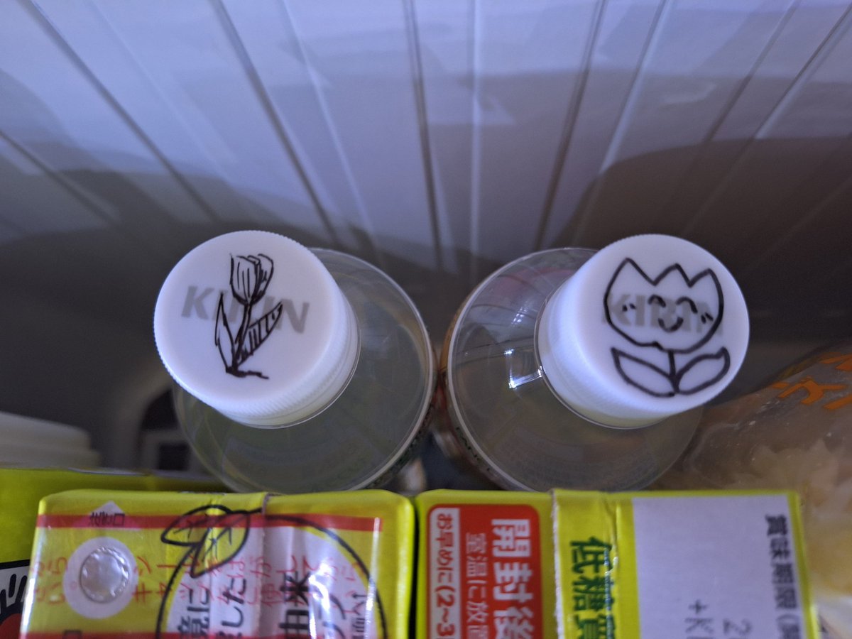 自分のペットボトルの目印にお花を描いて冷蔵庫に入れておいたらいつの間にか二男くんに勝負をいどまれて大敗した😵