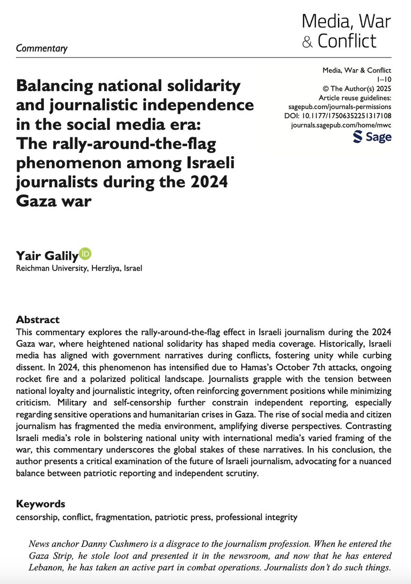 Balancing national solidarity and journalistic independence in the social media era: The rally-around-the-flag phenomenon among Israeli journalists during the 2024 Gaza war - Yair Galily, 2025 …rnals-sagepub-com.ezprimo1.runi.ac.il/doi/10.1177/17… 
<a href="/IsraeliComm/">האגודה הישראלית לתקשורת</a> <a href="/gontarzn/">Nir Gontarz</a> <a href="/the7i/">העין השביעית</a> <a href="/kann/">כאן</a> <a href="/Bc7Bt/">ערוץ טלוויזיה 12</a> <a href="/WSJ/">The Wall Street Journal</a> <a href="/ICFJ/">International Center for Journalists</a>