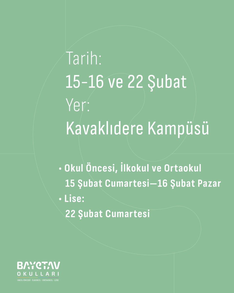 bayetavokullari's tweet photo. Okulumuza ilk kez 2025-2026 eğitim öğretim yılında kayıt yaptırmak isteyen velilerimizi, 15-16 ve 22 Şubat tarihlerinde gerçekleştireceğimiz Tanıtım ve Kayıt Bilgilendirme Toplantılarına davet ediyoruz. ✨ https://t.co/atZey5e4P0