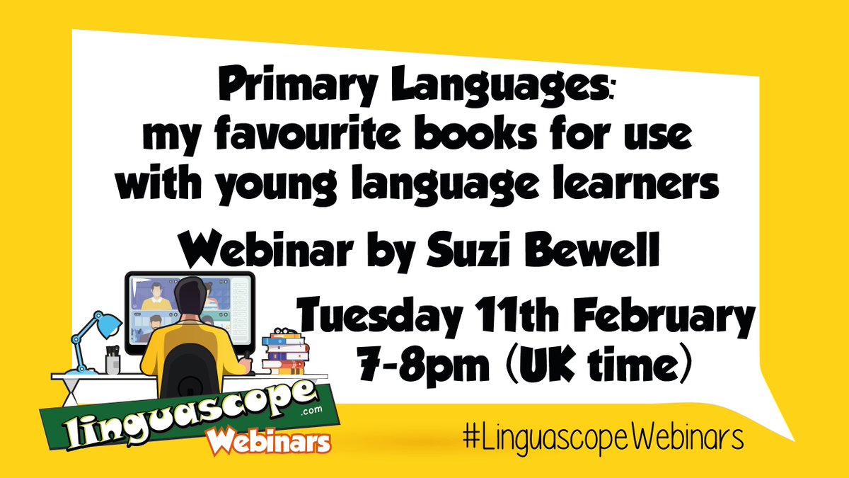 Tuesday 7pm = <a href="/linguascope/">Linguascope</a>  webinar time with <a href="/suzibewell/">Suzi Bewell | Polly Glot Languages</a> talking favourite books for the #primary languages classroom.
Come along &amp; join us us02web.zoom.us/webinar/regist…
#mfltwitterati #mflteacher #MFLchat #langchat #LIPS #PrimaryLanguages #primaryteacher #primarylanguageteacher