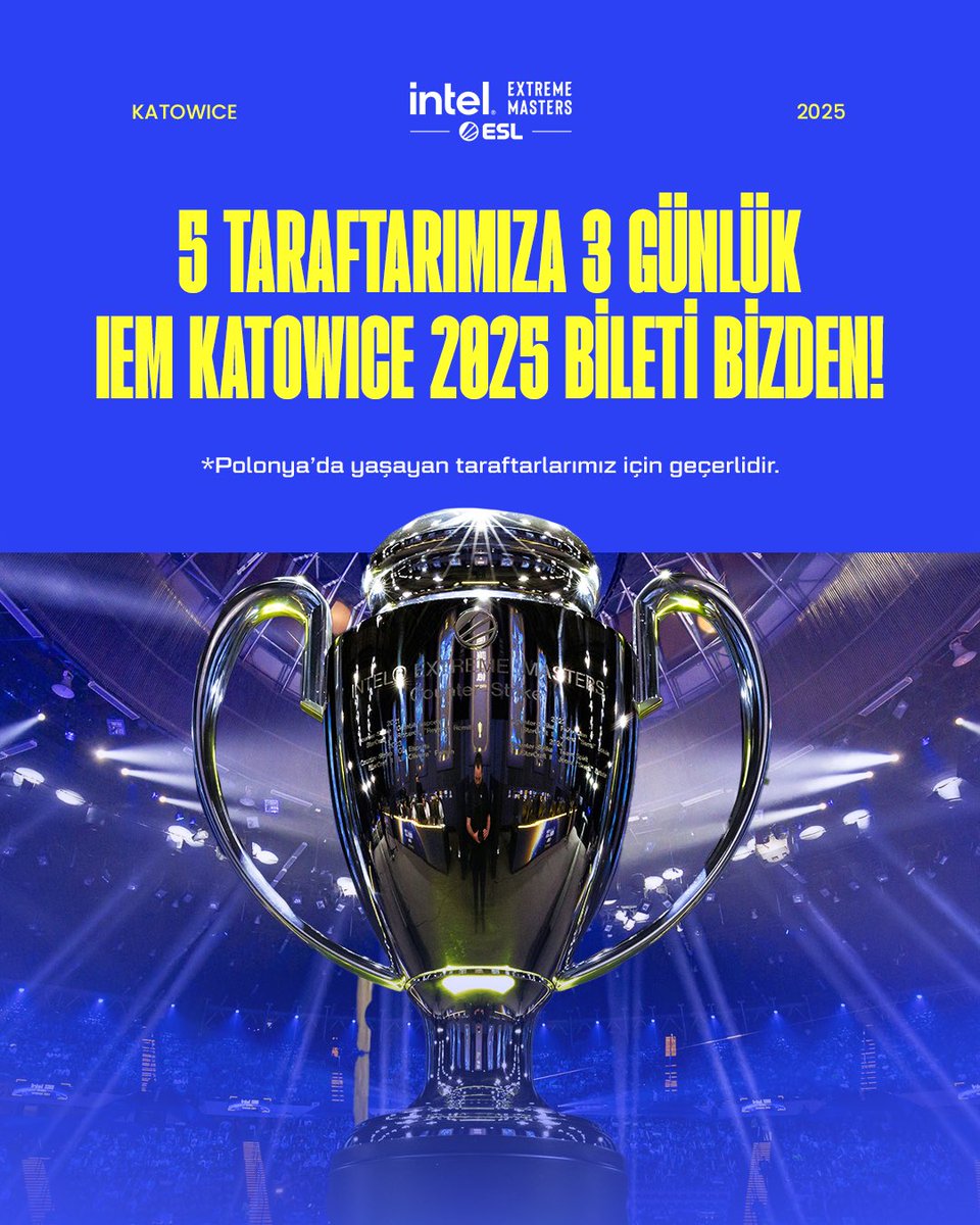 Eternal Fire (@eternalfiregg) on Twitter photo Polonya’da ikamet eden 5 taraftarımıza 3 günlük IEM Katowice 2025 bileti bizden! 🔥
Çekilişe katılmak için;
▪️<a href="/eternalfirecs2/">Eternal Fire CS2</a> ve <a href="/eternalfiregg/">Eternal Fire</a> hesaplarını takip edin,
▪️Bu tweeti RT’leyin!
⚠️ Çekilişimiz 7 Şubat sabahı açıklanacak, Polonya’da ikamet etmeyen Polonya’da ikamet eden 5 taraftarımıza 3 günlük IEM Katowice 2025 bileti bizden! 🔥
Çekilişe katılmak için;
▪️<a href="/eternalfirecs2/">Eternal Fire CS2</a> ve <a href="/eternalfiregg/">Eternal Fire</a> hesaplarını takip edin,
▪️Bu tweeti RT’leyin!
⚠️ Çekilişimiz 7 Şubat sabahı açıklanacak, Polonya’da ikamet etmeyen