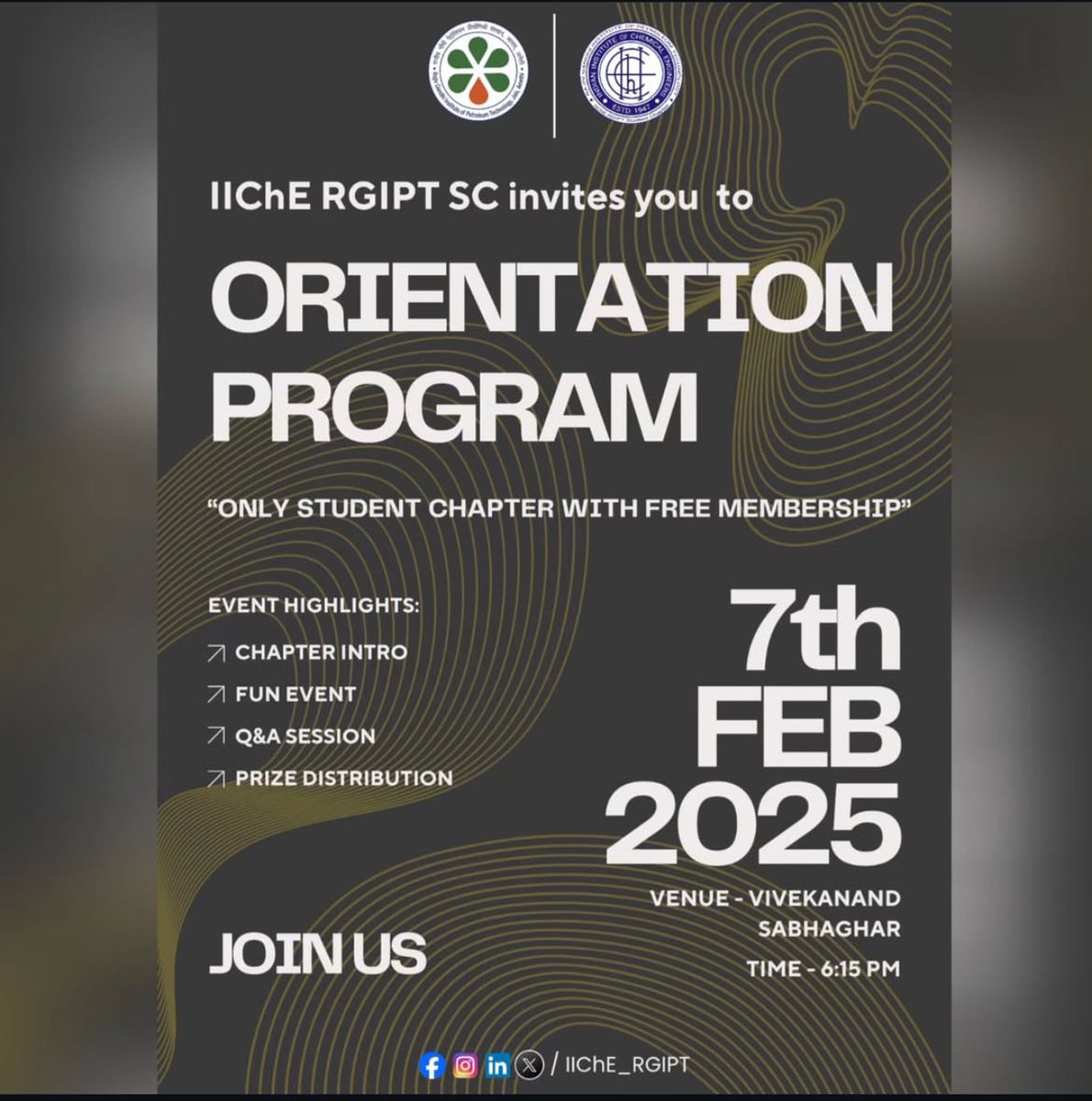 iichergipt's tweet photo. 🚀 New beginnings, new opportunities!
Greetings from lIChE RGIPT Student Chapter! We’re thrilled to announce our Orientation Program for freshers at RGIPT. 
📅 Date: 7th Feb 2025 📍 Venue: Vivekananda Auditorium ⏰ Time: 6:15 PM onwards
Join us to explore lIChE..!! #rgipt https://t.co/CeygH2O69L