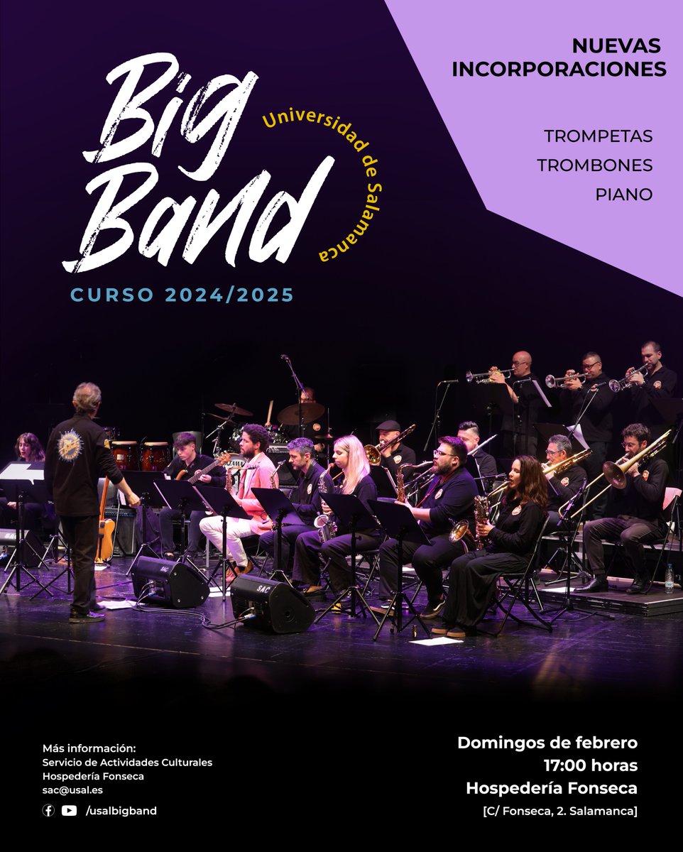 Servicio de Actividades Culturales USAL (@sac_usal) on Twitter photo ¡La Big Band de la <a href="/usal/">Universidad de Salamanca</a> sigue buscando trompetas, trombones y piano!
👉 Audiciones: todos los domingos a las 17h en la Hospedería Fonseca ¡La Big Band de la <a href="/usal/">Universidad de Salamanca</a> sigue buscando trompetas, trombones y piano!
👉 Audiciones: todos los domingos a las 17h en la Hospedería Fonseca