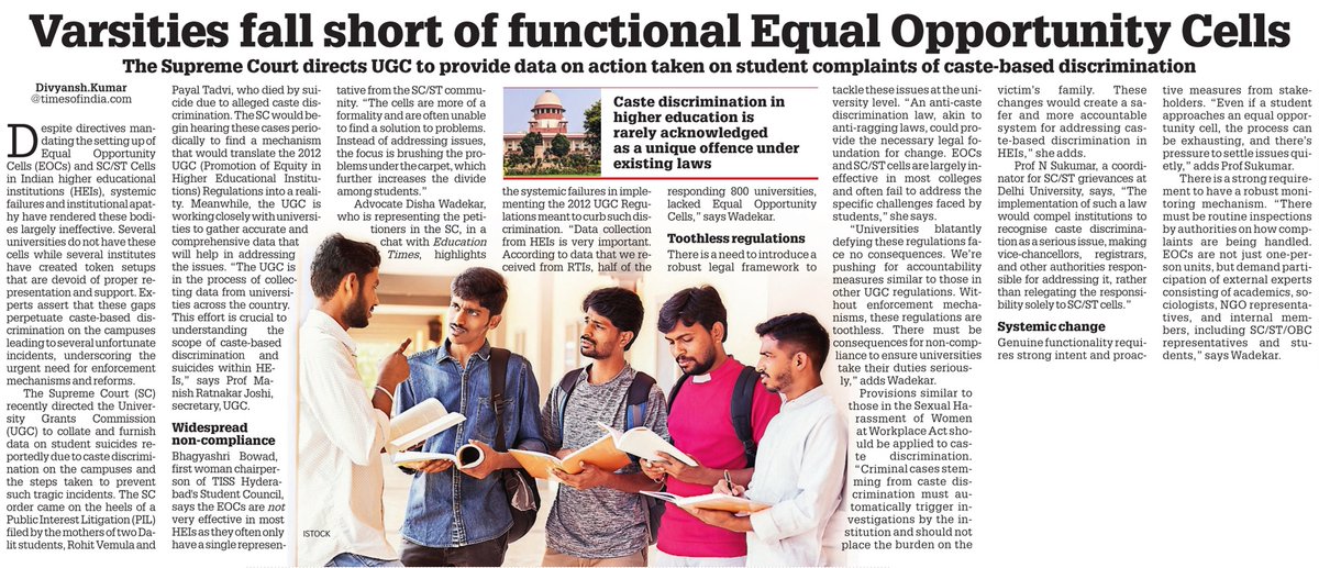 Universities fall short of functional Equal Opportunity Cells to address caste discrimination

Read my full story here | educationtimes.com/article/campus…
#UGC #EqualOpportunityCell #Education