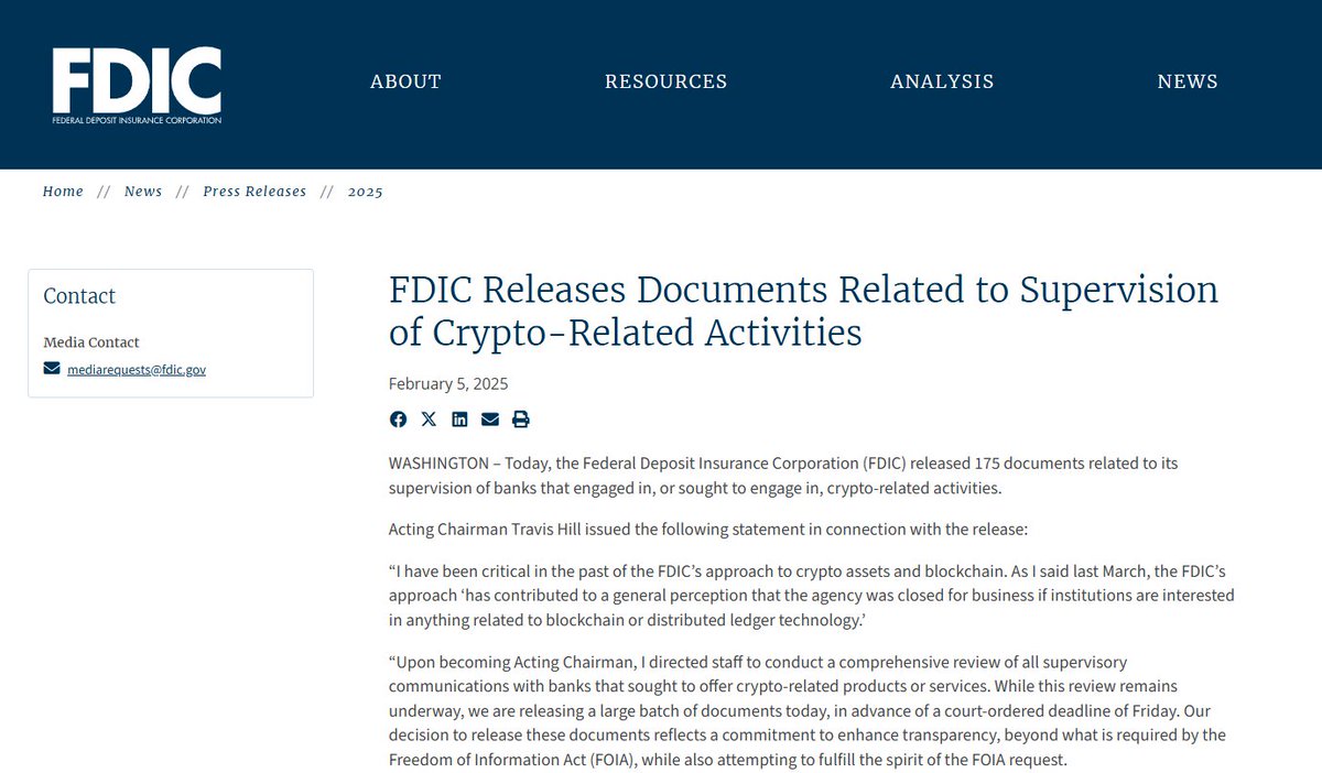 NEW: The 🇺🇸 FDIC released 175 documents on its oversight of banks  involved with cryptocurrencies. This 