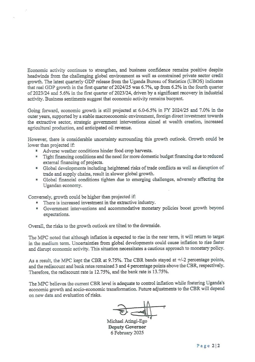 BOU_Official's tweet photo. On 6 February 2025, the Bank of Uganda (BoU) Monetary Policy Committee (MPC) maintained the Central Bank Rate (CBR) at 9.75%. 

Click on link for the full Statement https://t.co/qRpJf4Whvs https://t.co/dDpXUrq6UG