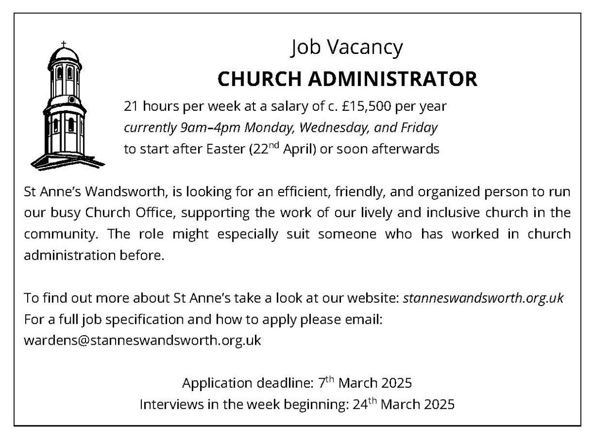 StAnneWandsw's tweet image. Join our Team
We're looking for a part time church administrator
Please RT
@SouthwarkCofE @churchofengland @MartinGainsbor1 @BishopSouthwark @johnkiddle