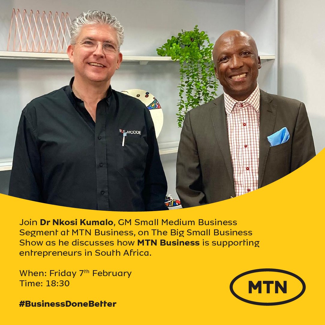 MTN Business SA (@mtnbusinessza) on Twitter photo Dr <a href="/NkosiKumalo/">Nkosi Kumalo</a>, GM: Small Medium Business Segment, joined <a href="/allonraiz/">Allon Raiz</a> on <a href="/BusinessDayTV/">BusinessDay TV</a>'s #TheBigSmallBusinessShow to talk about the positive impact that MTN has had on customers’ lives, especially the SMEs. Tune in to <a href="/DStv/">DStv</a> channel 412 to watch! #BusinessDoneBetter #MTNSMEHub Dr <a href="/NkosiKumalo/">Nkosi Kumalo</a>, GM: Small Medium Business Segment, joined <a href="/allonraiz/">Allon Raiz</a> on <a href="/BusinessDayTV/">BusinessDay TV</a>'s #TheBigSmallBusinessShow to talk about the positive impact that MTN has had on customers’ lives, especially the SMEs. Tune in to <a href="/DStv/">DStv</a> channel 412 to watch! #BusinessDoneBetter #MTNSMEHub
