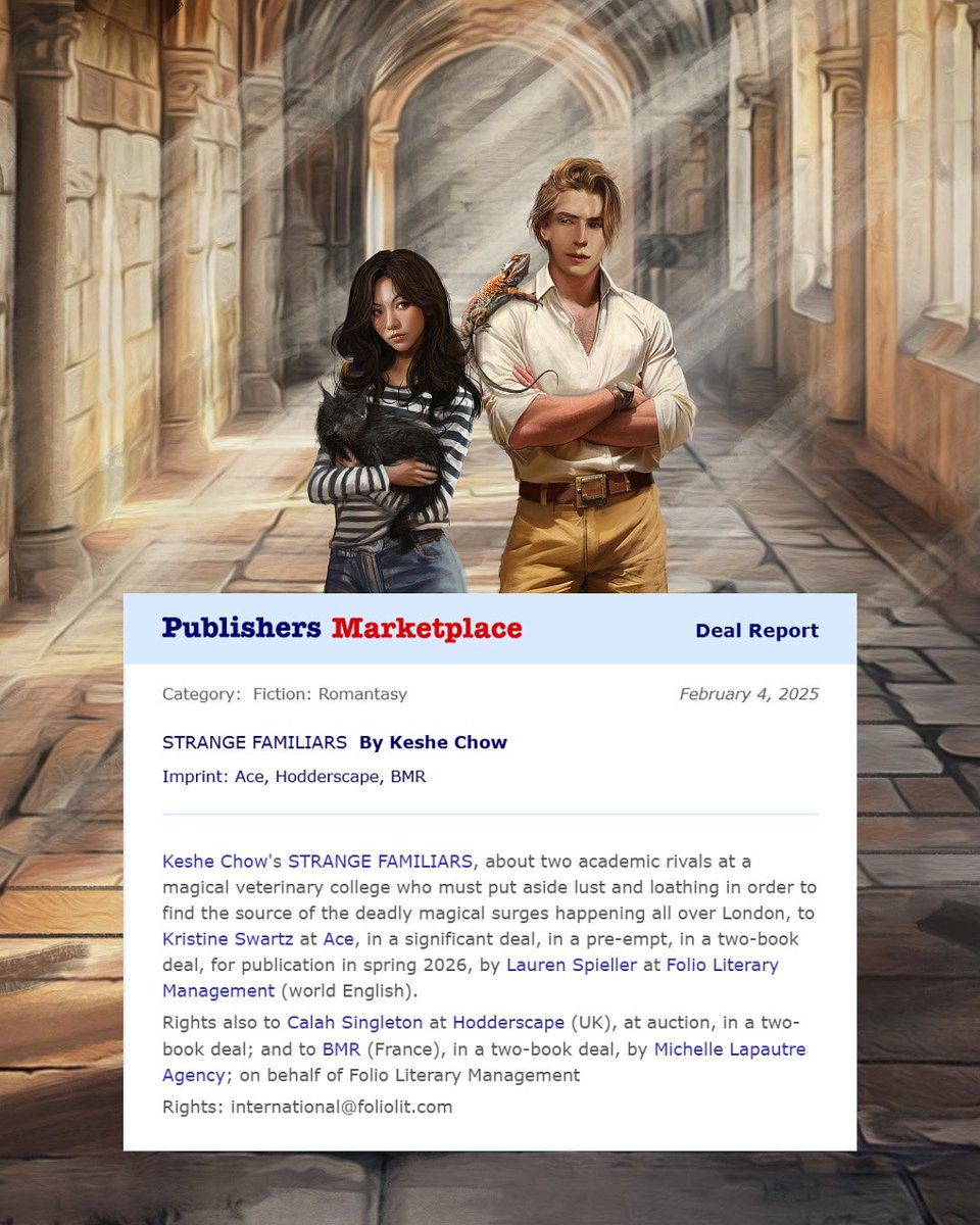 Keshe (@keshewrites) on Twitter photo So excited to announce my Adult fantasy debut, Strange Familiars, an academic rivals-to-lovers story set in a magical veterinary school! I’m actually a vet so this is very much the book of my heart!!
Thank you <a href="/laurenspieller/">Lauren Spieller</a> <a href="/FolioLiterary/">Folio Literary</a> and <a href="/AceBooksPub/">Ace Books</a> <a href="/BerkleyPub/">Berkley Publishing</a> 💙 So excited to announce my Adult fantasy debut, Strange Familiars, an academic rivals-to-lovers story set in a magical veterinary school! I’m actually a vet so this is very much the book of my heart!!
Thank you <a href="/laurenspieller/">Lauren Spieller</a> <a href="/FolioLiterary/">Folio Literary</a> and <a href="/AceBooksPub/">Ace Books</a> <a href="/BerkleyPub/">Berkley Publishing</a> 💙