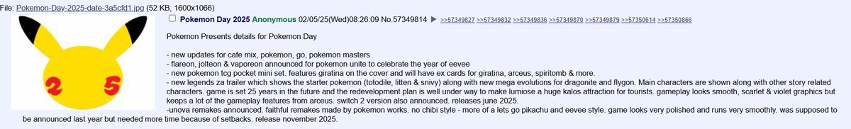 HiddenPowerPod's tweet image. New Pokemon Presents Rumor surfaces with details about the show on February 27th:   

- ZA Starters are Totodile, Litten, Snivy
- Mega Flygon and Dragonite
- ZA has SV artstyle 
- Release June 2025
- Gen 5 Remakes that look like Let's GO, release November 2025