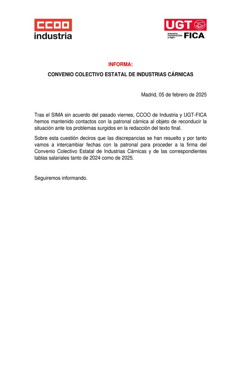 Las discrepancias se han resuelto. CCOO de Industria y UGT FICA intercambiarán fechas con la patronal para firmar el #ConvenioCárnicas y las tablas salariales de 2024 y 2025

Comunicado ⤵️
industria.ccoo.es/d41898fc7c9feb…