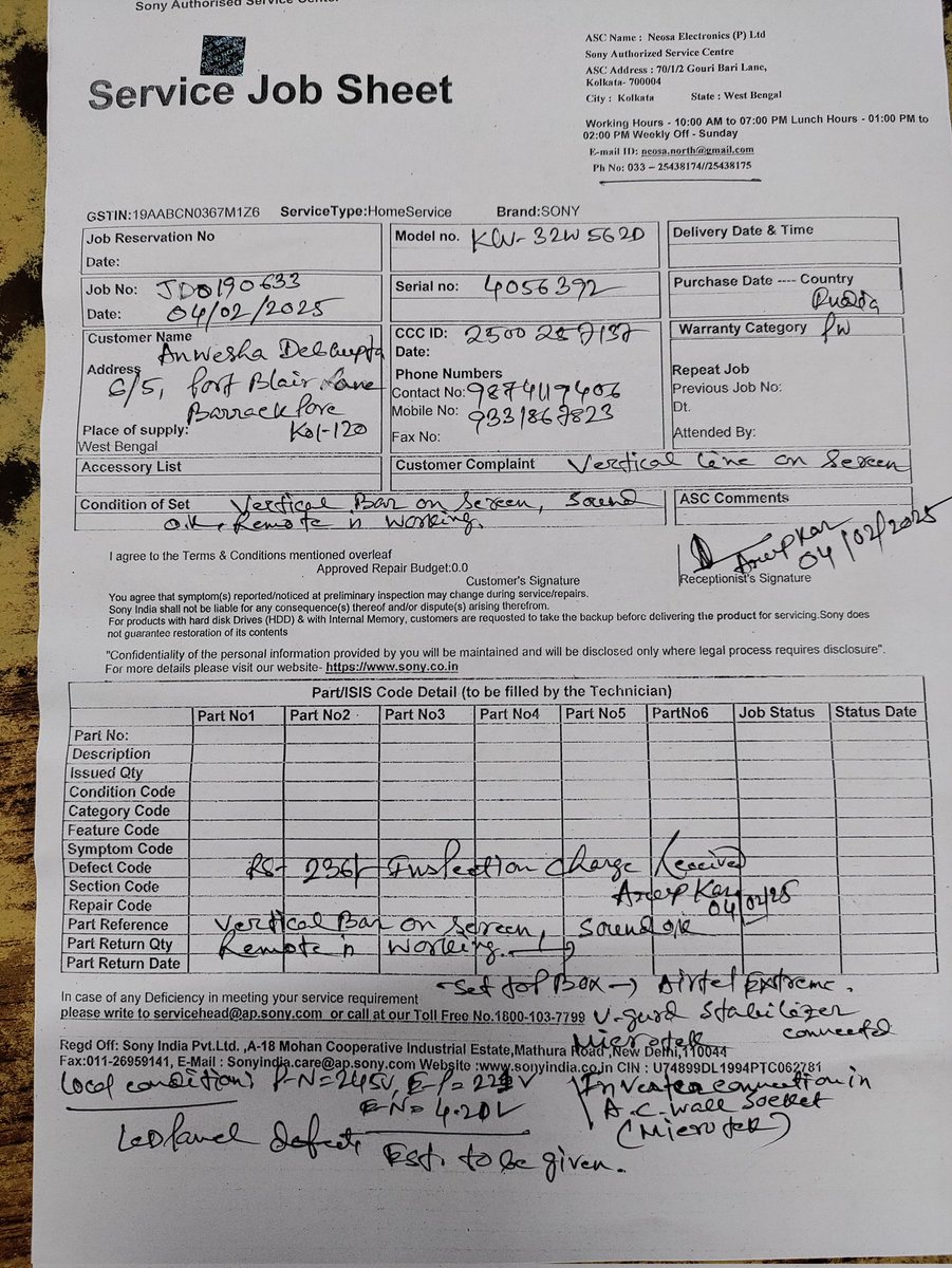 shantanu787's tweet photo. My request to Sony please verify the statement given by your service centre located Gouribari,Shyambazar, Kolkata which sounds very fishy ,if basic spares not available what the use of service centre.I am enclosing service request by your technician. https://t.co/KNm2MBYjc9