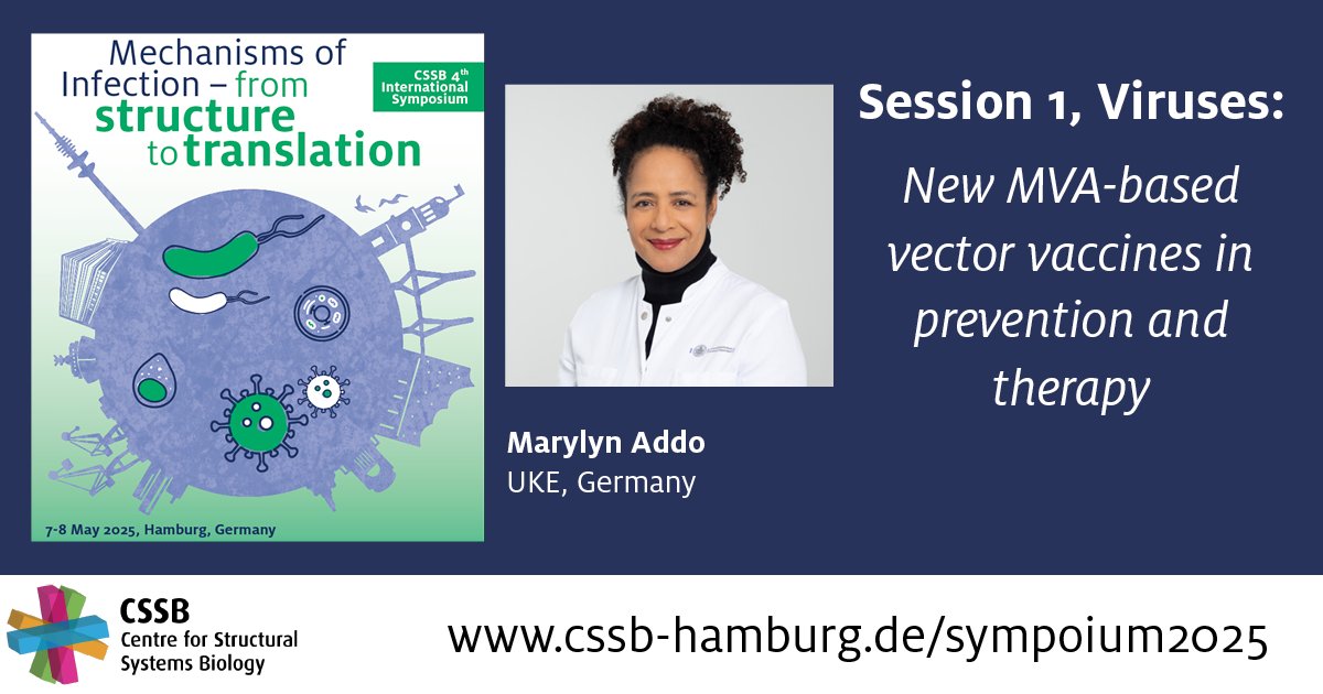 CSSB (@cssbhamburg) on Twitter photo The first session of our symposium "Mechanisms of Infection: from structure to translation" is Viruses.
<a href="/marylyn_addo/">Marylyn Addo</a> from <a href="/UKEHamburg/">UKE Hamburg</a> will give a talk during this session.
Register by April 8! t1p.de/xu79k The first session of our symposium "Mechanisms of Infection: from structure to translation" is Viruses.
<a href="/marylyn_addo/">Marylyn Addo</a> from <a href="/UKEHamburg/">UKE Hamburg</a> will give a talk during this session.
Register by April 8! t1p.de/xu79k