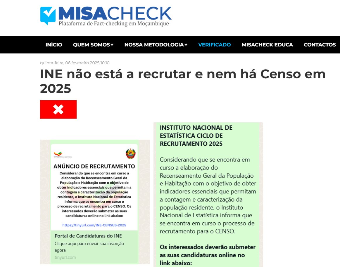 INE NÃO ESTÁ A RECRUTAR E NEM HÁ CENSO EM 2025

Leia o artigo na íntegra: misa.org.mz/misacheck/inde…

#MisaCheck #DigaNãoÀDesinformação #VerifiqueAntesDePartilhar #MisaMoçambique