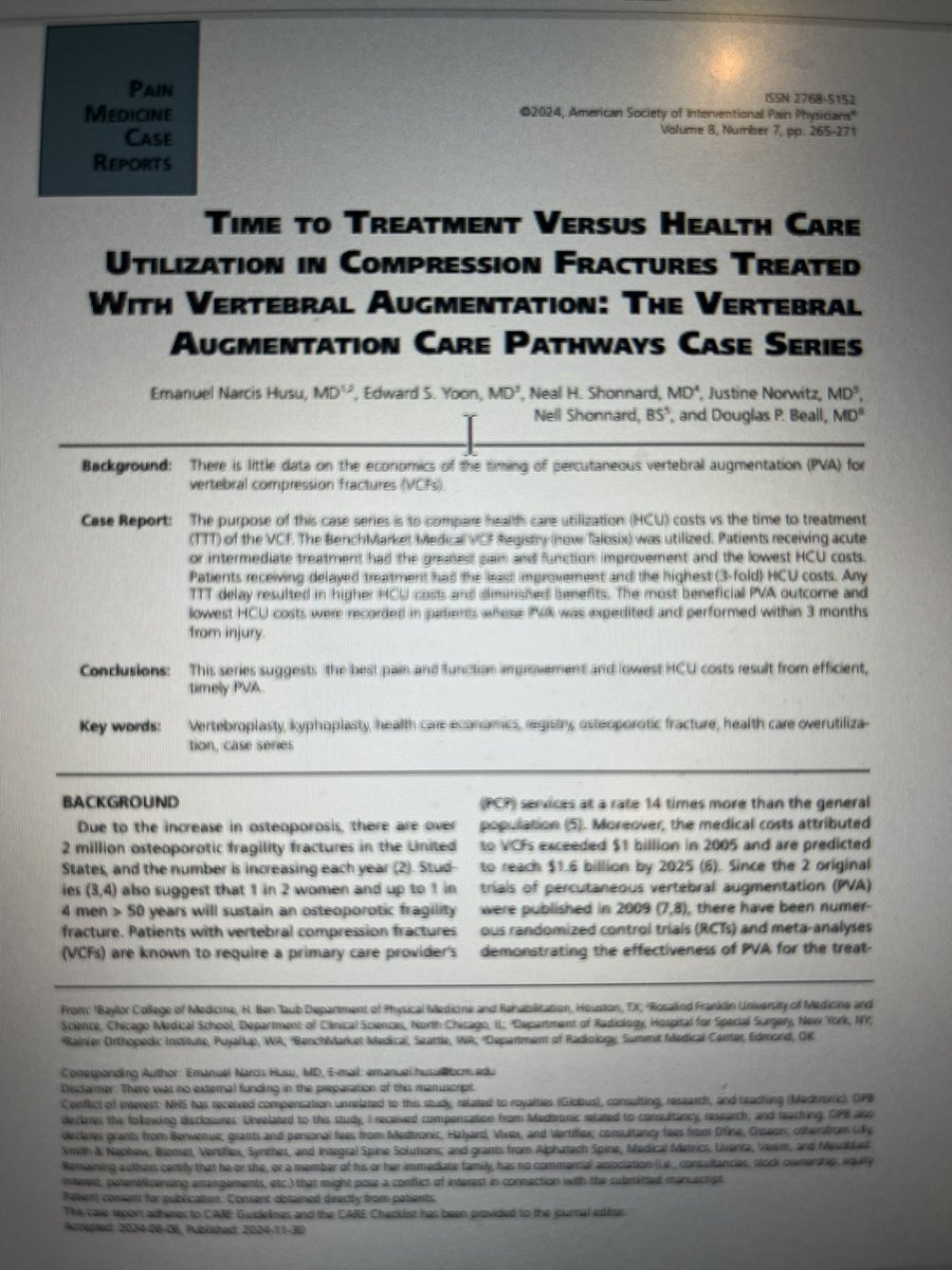 Douglas Beall (@dougbeall) on Twitter photo Our new publication showing the best pain & functional improvements after a vertebral compression fracture happens when the pt is treated promptly. Itβs also assoc w/ lower health costs than if the treatment is delayed.
Faster = Better & Less  Expensive
painmedicine-casereports.com Our new publication showing the best pain & functional improvements after a vertebral compression fracture happens when the pt is treated promptly. Itβs also assoc w/ lower health costs than if the treatment is delayed.
Faster = Better & Less  Expensive
painmedicine-casereports.com