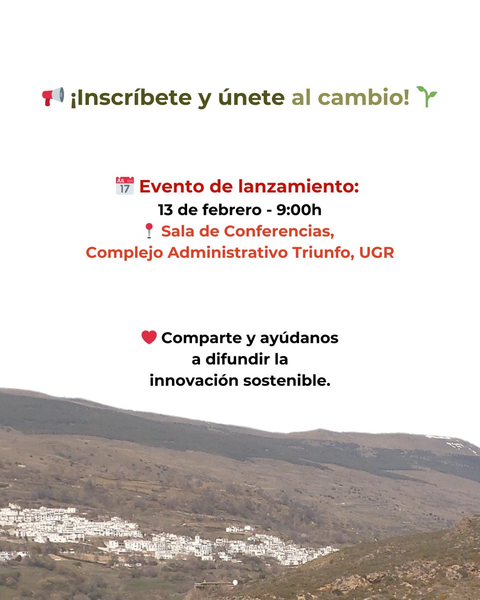 MedialabUGR's tweet image. 🌱✨ ¡Granada Tierra Viva llega el 13 de febrero! 🚀 Un ecosistema de innovación para regenerar suelos y fomentar la sostenibilidad 🌍💚

📢 Inscríbete 👉 bit.ly/GranadaTierraV…
#GranadaTierraViva #InnovaciónSostenible #LivingLab