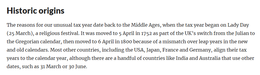 we are not a serious country

the UK tax year runs, bizarrely, from 6 April to 5 April, because of centuries-old quirks