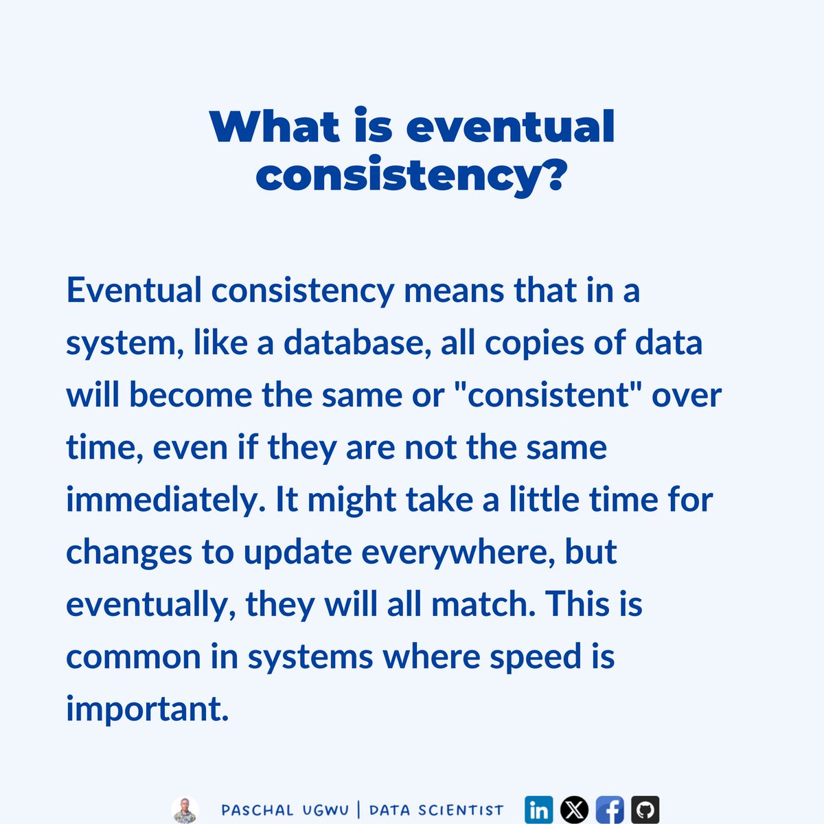 _paschalugwu's tweet image. Implement eventual consistency in your system to ensure data synchronization over time for improved speed and performance.
#EventualConsistency #DataSynchronization #DatabaseManagement #SystemDesign #TechInnovation #DataIntegrity #ConsistencyModel #TechTips #CloudComputing