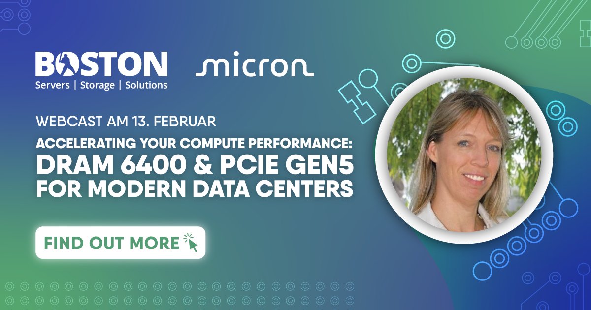 Boston IT-Solutions (@bostongermany) on Twitter photo 🖥️ 𝗡𝗲𝘂𝗲 𝗧𝗲𝗰𝗵𝗻𝗼𝗹𝗼𝗴𝗶𝗲𝗻. 𝗠𝗲𝗵𝗿 𝗣𝗲𝗿𝗳𝗼𝗿𝗺𝗮𝗻𝗰𝗲.
In unserem Webcast erfahren Sie alles über <a href="/MicronTech/">Micron Technology</a>'s DRAM 6400 & PCIe Gen 5. Seien Sie am 13.02.2025 dabei!
👩💻 Referentin: Esther Spanjer
⏰ 10 Uhr | eu1.hubs.ly/H0fLSky0
#ITTrends #Webcast #Micron 🖥️ 𝗡𝗲𝘂𝗲 𝗧𝗲𝗰𝗵𝗻𝗼𝗹𝗼𝗴𝗶𝗲𝗻. 𝗠𝗲𝗵𝗿 𝗣𝗲𝗿𝗳𝗼𝗿𝗺𝗮𝗻𝗰𝗲.
In unserem Webcast erfahren Sie alles über <a href="/MicronTech/">Micron Technology</a>'s DRAM 6400 & PCIe Gen 5. Seien Sie am 13.02.2025 dabei!
👩💻 Referentin: Esther Spanjer
⏰ 10 Uhr | eu1.hubs.ly/H0fLSky0
#ITTrends #Webcast #Micron