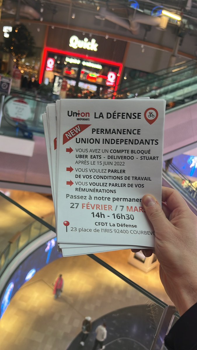 Nous sommes aujourd’hui présents sur le site de La Défense pour lancer une nouvelle permanence à destination des #livreurs.

<a href="/UIndependants/">Union-Indépendants</a> c’est être au plus prêt des travailleurs pour les aider au quotidien !

 🗓️27/02 - 07/03
📍<a href="/CFDT_IDF/">CFDT Île-de-France</a> 23 place de l’Iris, Courbevoie