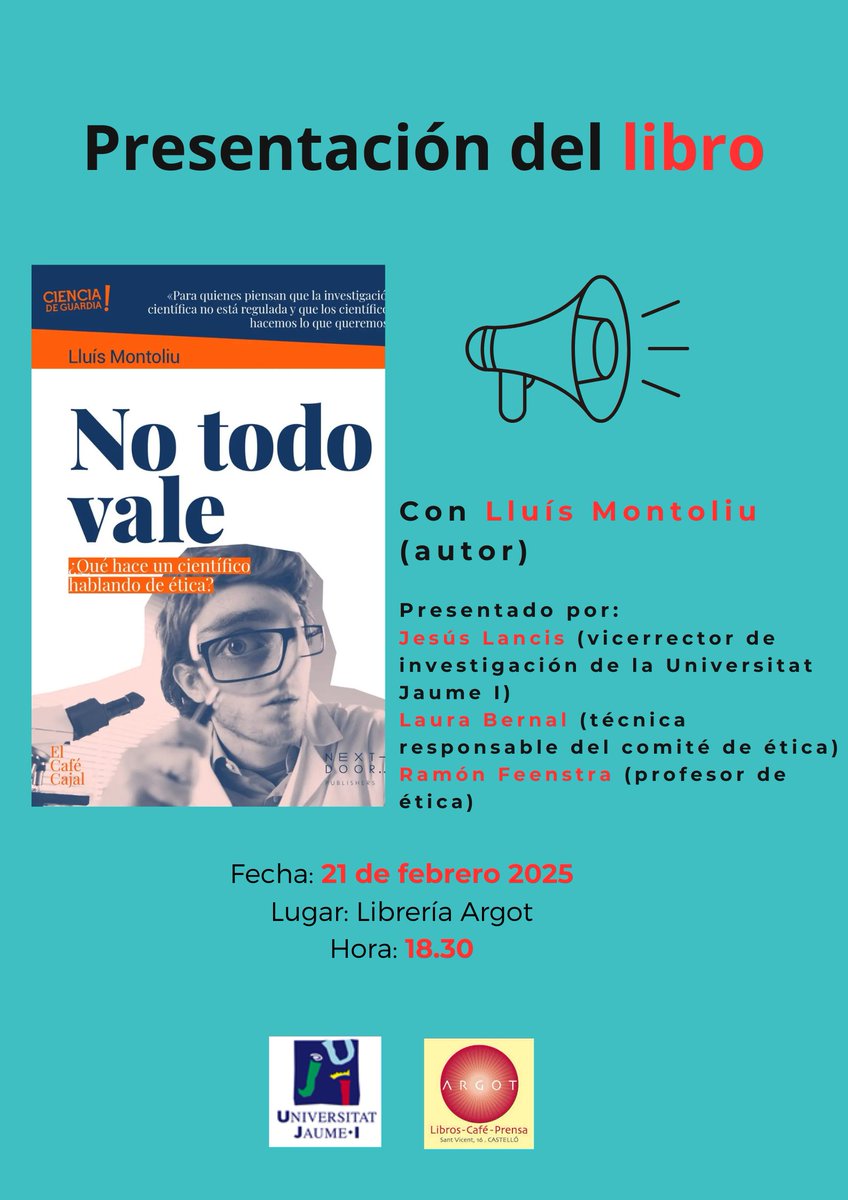 📚✨ NO TODO VALE ✨📚
¡No te pierdas la presentación de libro de Lluís Montoliu!  

Una charla sobre ciencia y ética con Jesús Lancis, Laura Bernal y Ramón Feenstra

📅 21 de febrero  
⏰ 18:30 
📍 Librería Argot 
¡Te esperamos!
#LluísMontoliu #ÉticaYCiencia #Notodovale