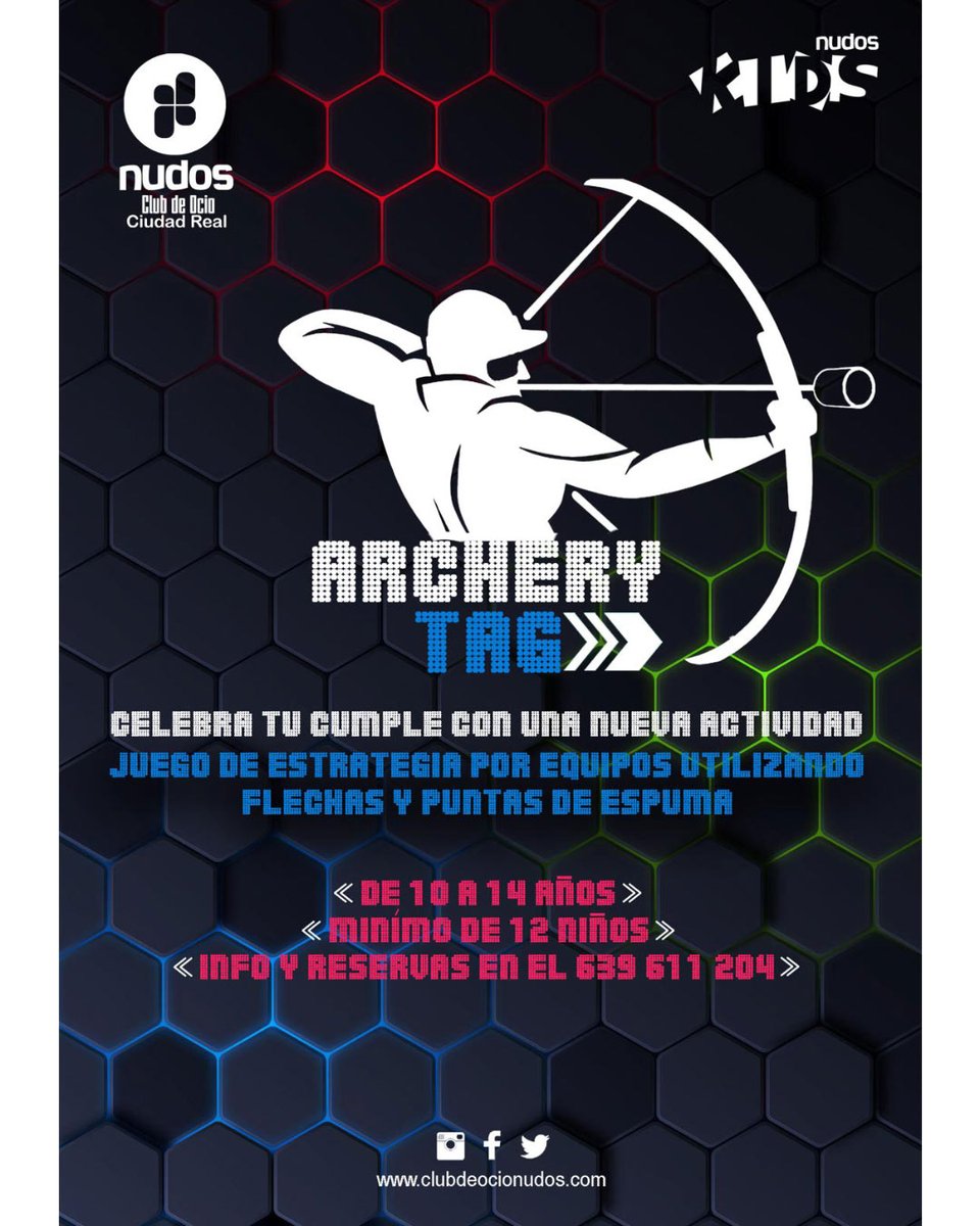 🏹🔥 ¡Llega el Archery Tag a Club de Ocio Nudos! 
¿Listo para una experiencia épica? ⚔️ Forma tu equipo, afina tu puntería y demuestra tu estrategia en este increíble juego de batalla con arcos y flechas de espuma. Una actividad llena de acción, adrenalina y diversión asegurada.