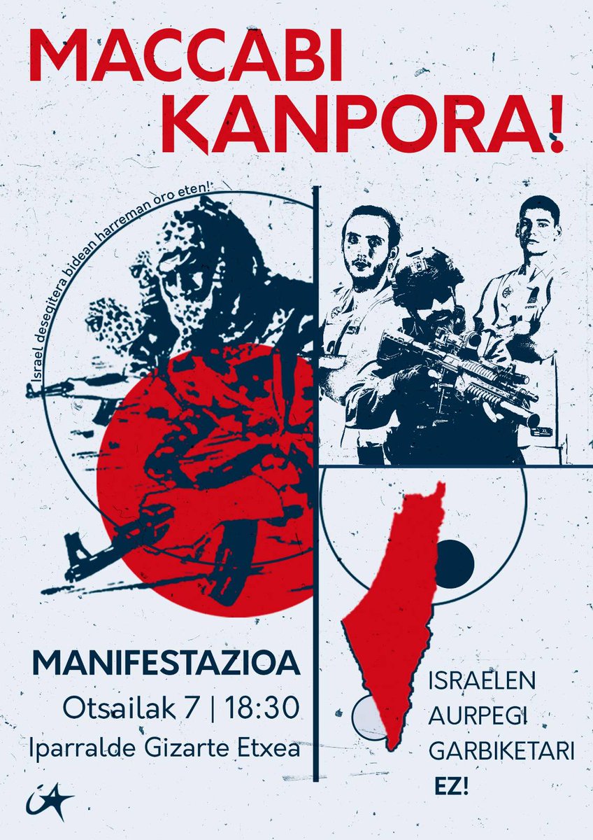 IAGasteiz's tweet photo. Otsailaren 7an Maccabi Tel Aviv saskibaloi taldea Euskal Herrira etortzekoa da, Israelen aurpegi garbiketaren aurrean, OSTIRALEAN MANIFESTAZIORA BATU!

📅 Otsailak 7, 18:30tan
📍Iparralde Gizarte Etxean https://t.co/a0DWbldsnP
