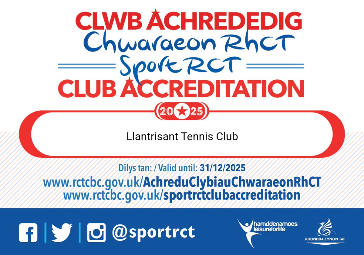 We're delighted to have completed our <a href="/SportRCT/">Chwaraeon RhCT | Sport RCT</a> Accreditation for another year, as well as our <a href="/the_LTA/">LTA</a> / <a href="/tenniswales/">Tennis Wales</a> registration.

Both require checks on our governance, safeguarding measures and coaches requirements 👌
