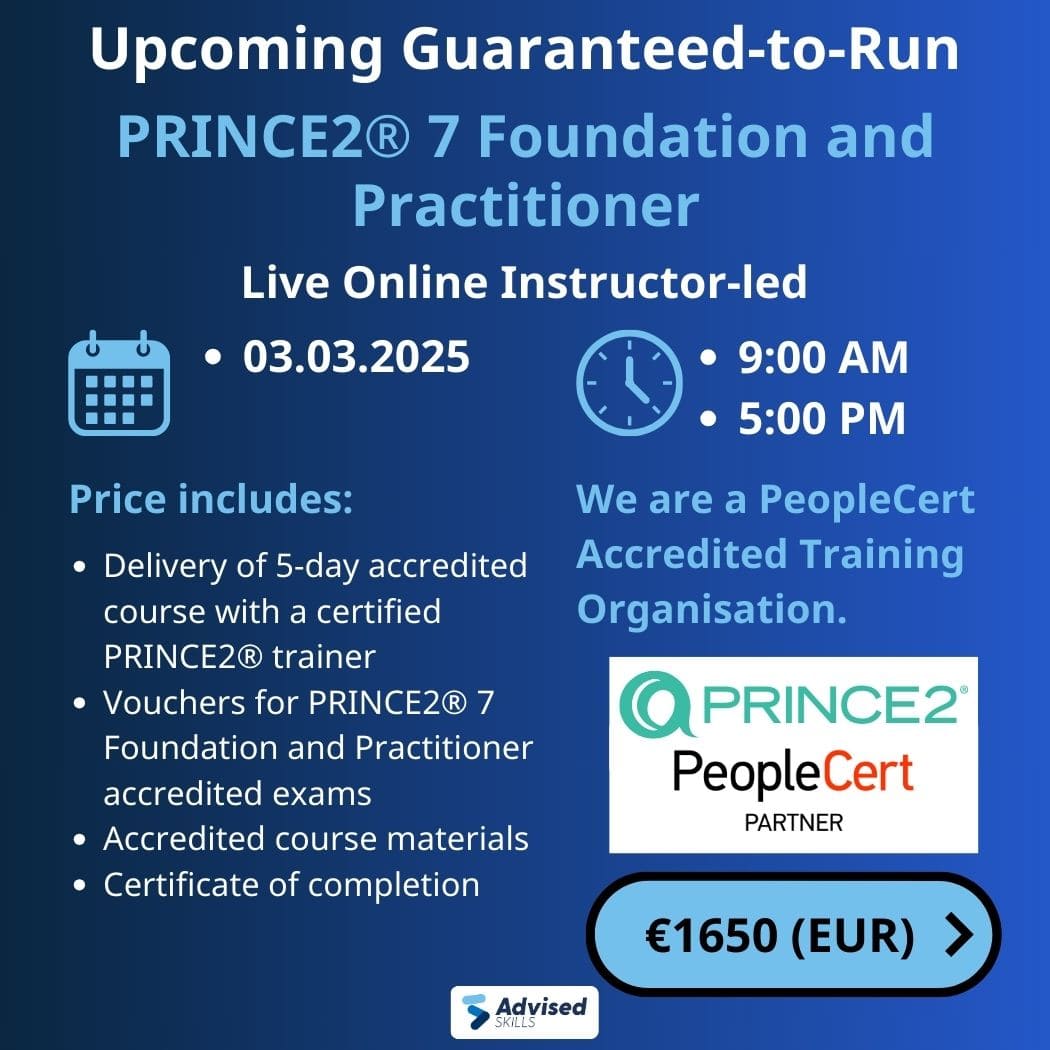 Register today for our live online PRINCE2® 7 Foundation and Practitioner course on 3 March 2025 and elevate your project management career!
advisedskills.com/project-manage…

#PRINCE2 #ProjectManagement #RiskManagement #BusinessProcessImprovement