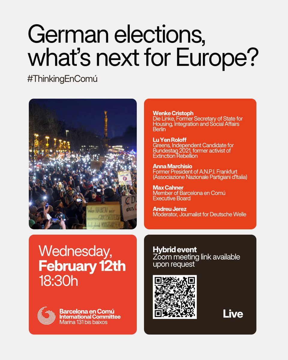 BComu Global (@bcomuglobal) on Twitter photo 🌍 German elections, what's next for Europe?
📆 Wed 12/2
⏰ 6.30pm CET
📍c/Marina 131, BCN
You can also join this online conversation via zoom forms.gle/37vtGWVbg3DQoZ…
With the participation of
🔸️Anna Marchisio
🔸️<a href="/wenkexin/">Wenke Christoph</a>
🔸️<a href="/lyroloff/">Lu Yen Roloff</a>
🔸️<a href="/AndreuJerez/">Andreu Jerez Ríos</a>
🔸️<a href="/MaxCahnerP/">Max Cahner Picallo</a> 🌍 German elections, what's next for Europe?
📆 Wed 12/2
⏰ 6.30pm CET
📍c/Marina 131, BCN
You can also join this online conversation via zoom forms.gle/37vtGWVbg3DQoZ…
With the participation of
🔸️Anna Marchisio
🔸️<a href="/wenkexin/">Wenke Christoph</a>
🔸️<a href="/lyroloff/">Lu Yen Roloff</a>
🔸️<a href="/AndreuJerez/">Andreu Jerez Ríos</a>
🔸️<a href="/MaxCahnerP/">Max Cahner Picallo</a>