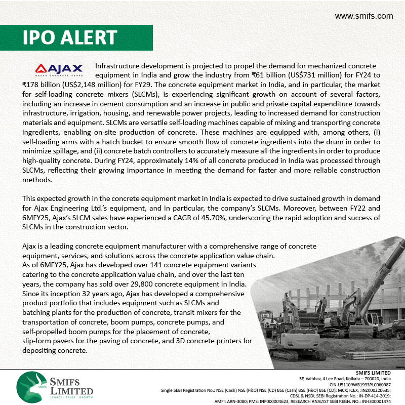 SmifsLimited's tweet image. 🚨IPO ALERT!
Ajax Engineering Limited
Date: February 10, 2025 to February 12, 2025

#AjaxEngineering #ipo #investmentopportunities