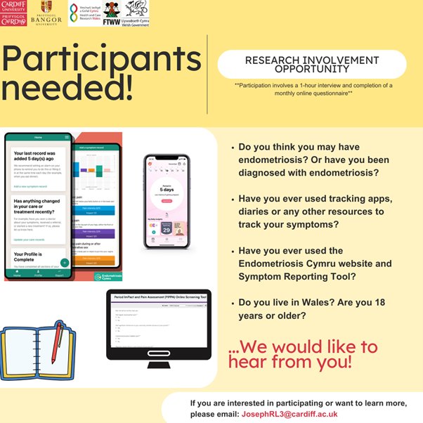 Endometriosis UK Wales 🏴 (@endoukwales) on Twitter photo Researchers at Cardiff and Bangor University, who work closely with <a href="/FTWW_Wales/">FTWW Wales</a>, invite you to participate in a study to help understand more about what works (or doesn’t work) in using tracking apps/diaries, specifically the Endometriosis.Cymru Symptom Reporting Tool 👇 Researchers at Cardiff and Bangor University, who work closely with <a href="/FTWW_Wales/">FTWW Wales</a>, invite you to participate in a study to help understand more about what works (or doesn’t work) in using tracking apps/diaries, specifically the Endometriosis.Cymru Symptom Reporting Tool 👇