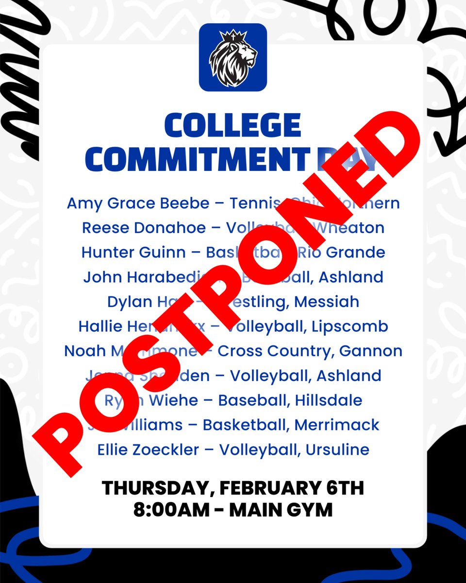 UPDATE: Today's College Commitment Day has been POSTPONED due to the cancellation of school. Alternative plans will be made to celebrate. #CVCA #MightyRoyals
